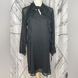 Bebe Black Dotted Swiss Dress Neck Tie Ruffles Large